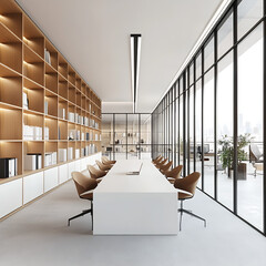 A Room with a mockup poster empty white and with a long table and chairs in office and a large picture frame reality meaning image.
