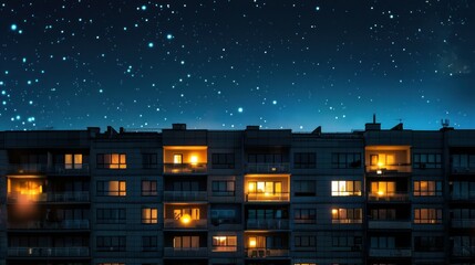 Apartment building glowing under the night sky. stock photo --ar 16:9 --raw --v 6 Job ID: 9cb0e1b9-8664-4627-91a0-c7e444e482d6