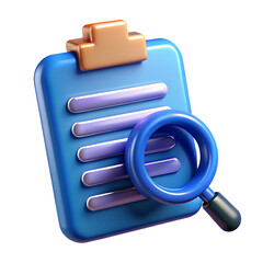 3d render illustration of isolated transparent paper list document with magnifier magnifying glass icon