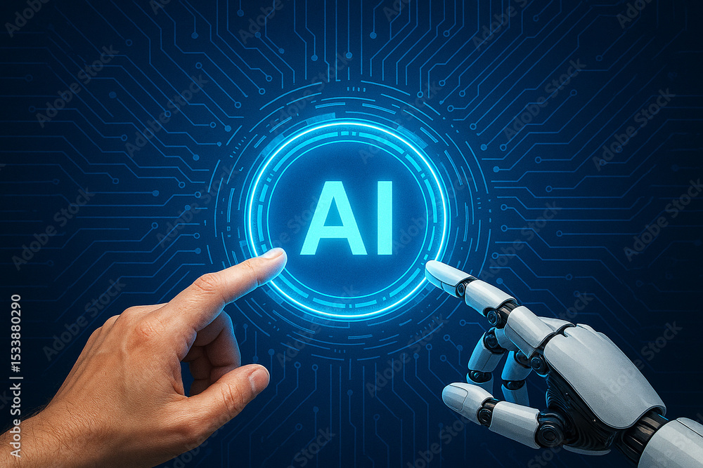 Poster artificial intelligence ai technology concept human and robot hand touching interface future tech
