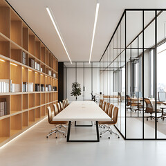 A Room with a mockup poster empty white and with a long table and chairs in office and a large picture frame reality meaning image.
