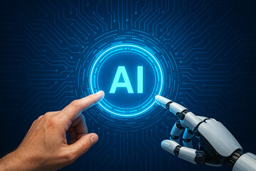 Artificial intelligence ai technology concept human and robot hand touching interface future tech