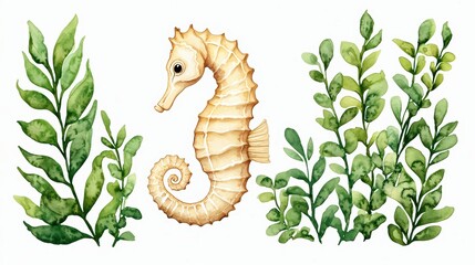 Fototapeta premium Watercolor Seahorse Surrounded by Green Aquatic Plants in a Creative Illustration