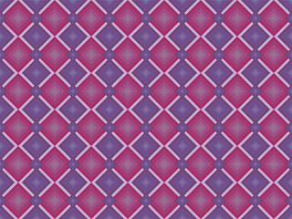 A vibrant geometric pattern featuring overlapping squares and diamonds in shades of purple, pink, and red, creating a symmetrical, textured design.