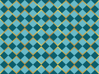 A seamless geometric pattern featuring interlocking diamond shapes in shades of blue and gold lines on a teal background.