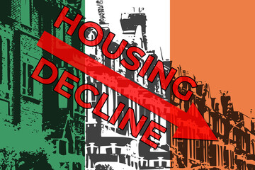 Conceptual graphic of Ireland's housing crisis. Features flag colors, building silhouettes, and bold red 'HOUSING DECLINE' text with a downward arrow. Symbolizes economic and social issues