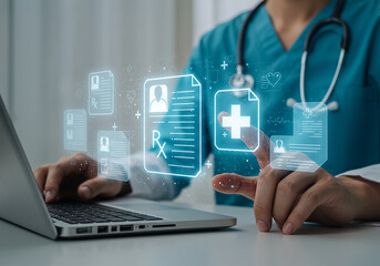 Doctor using laptop for electronic health records and telemedicine consultation online healthcare service
