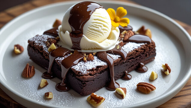 Chocolate brownie with vanilla ice cream