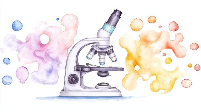 Artistic watercolor illustration of a laboratory microscope surrounded by colorful splashes conveying scientific research and discovery