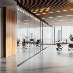 A Room with a mockup poster empty white and with a long table and chairs in office and a large picture frame reality meaning image.
