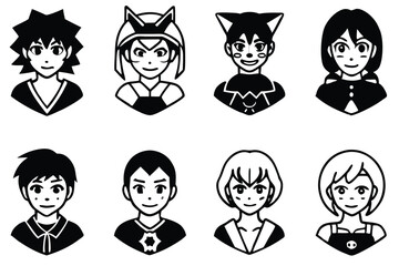 Simple black and white illustrations of anime characters depicting various different personalities
