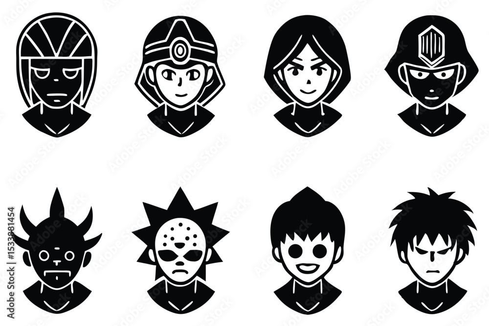 Poster vector illustration collection of eight different abstract characters heads with various expressions