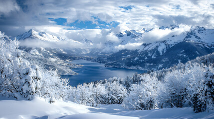 Obraz premium a snowy mountain range with a lake surrounded by snow covered mountains in the foreground