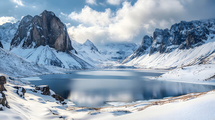 a snowy mountain range with a lake surrounded by snow covered mountains