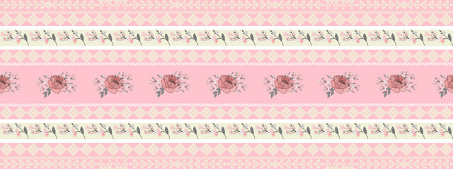 A horizontal pattern featuring pink roses, birds, and geometric shapes against a soft pink and cream background.