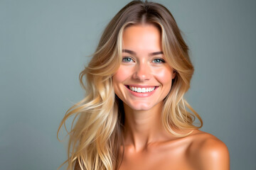 portrait of a young woman beautiful girl blonde light hair laughs for advertising shampoos, creams