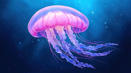 Ethereal Pink Jellyfish Gliding Through Ocean Depths with Graceful Tentacles and Vibrant Bioluminescent Colors