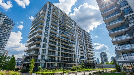 Tall modern residential building with glass balconies. stock photo --ar 16:9 --raw --v 6 Job ID: 46bb536b-7e23-424e-a190-6837438f5420
