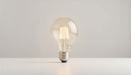 Vintage light bulb standing on a clean surface against a white background  