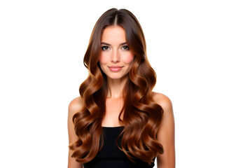 Naklejka premium beautiful girl with wavy dark hair styling on white background