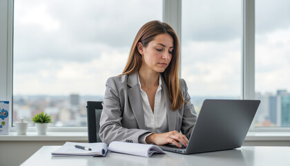 Young businesswoman working on laptop at office desk with city view  