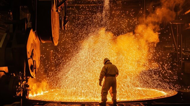 Worker in Safety Gear Overseeing Molten Metal Flow in Industrial Setting