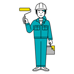 ペイントローラーを持つ作業員の女性（全身）