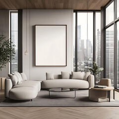 A Room with a mockup poster empty white and with a long table and chairs in office and a large picture frame reality meaning image.
