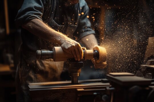 Skilled Artisan Carving Wood on Lathe in Dim Workshop Setting
