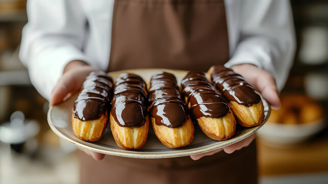 Person holding plate of chocolate-covered eclairs in bakery setting