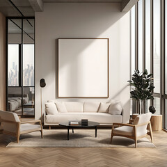 A Room with a mockup poster empty white and with a long table and chairs in office and a large picture frame reality meaning image.
