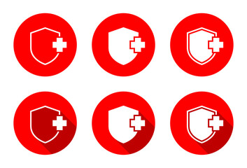 Medical badge, healthy shield icon set with long shadow. Health protection sign symbol