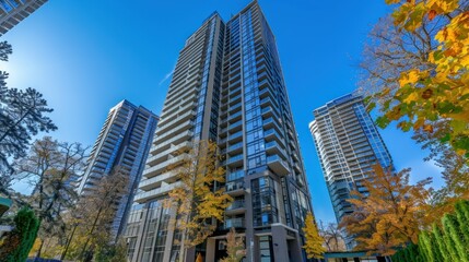 Tall modern residential building with glass balconies. stock photo --ar 16:9 --raw --v 6 Job ID: 46bb536b-7e23-424e-a190-6837438f5420