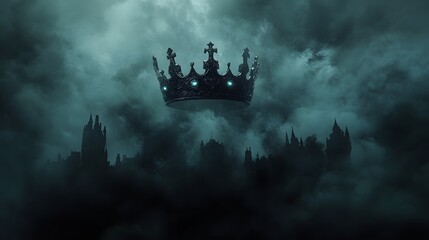 Dark iron crown suspended in air surrounded by black mist, glowing eyes watching from cracked stone ruins with a mystical curse