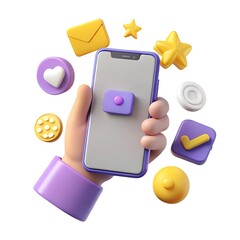 Hand holding smartphone surrounded by 3d rendered social media icons and interface elements