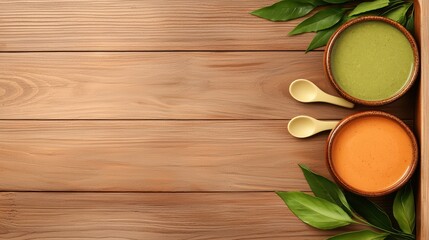 Fototapeta premium Fresh and Healthy Dips in Bowls with Green and Orange Colors on Wooden Background Surrounded by Leaves