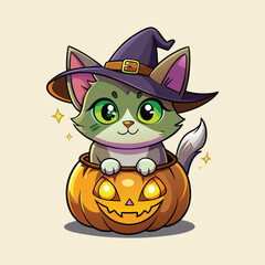 Cute Halloween Cat in a Pumpkin with a Witch Hat