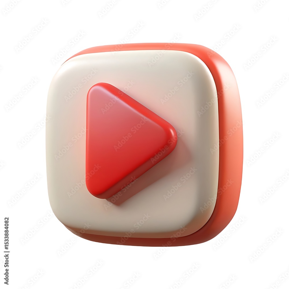 Poster red and white three dimensional play button icon in modern flat design on a white background