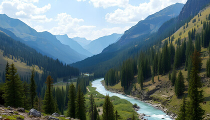 Mountain valley with a winding river, pine trees, and wild animals in the distance, panoramic wilderness landscape 2