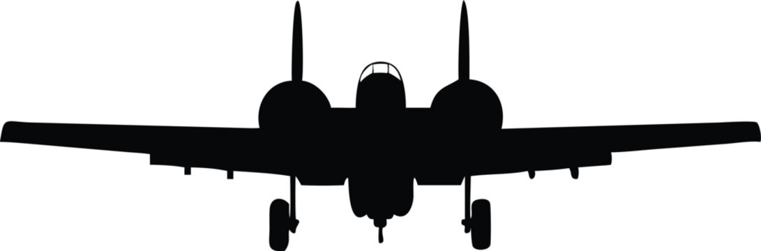 Black Silhouette of A10 Thunderbolt II Jet Aircraft Front View