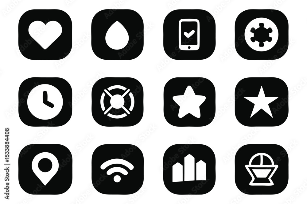 Poster black and white icons set illustrating symbols for various app interfaces and website design