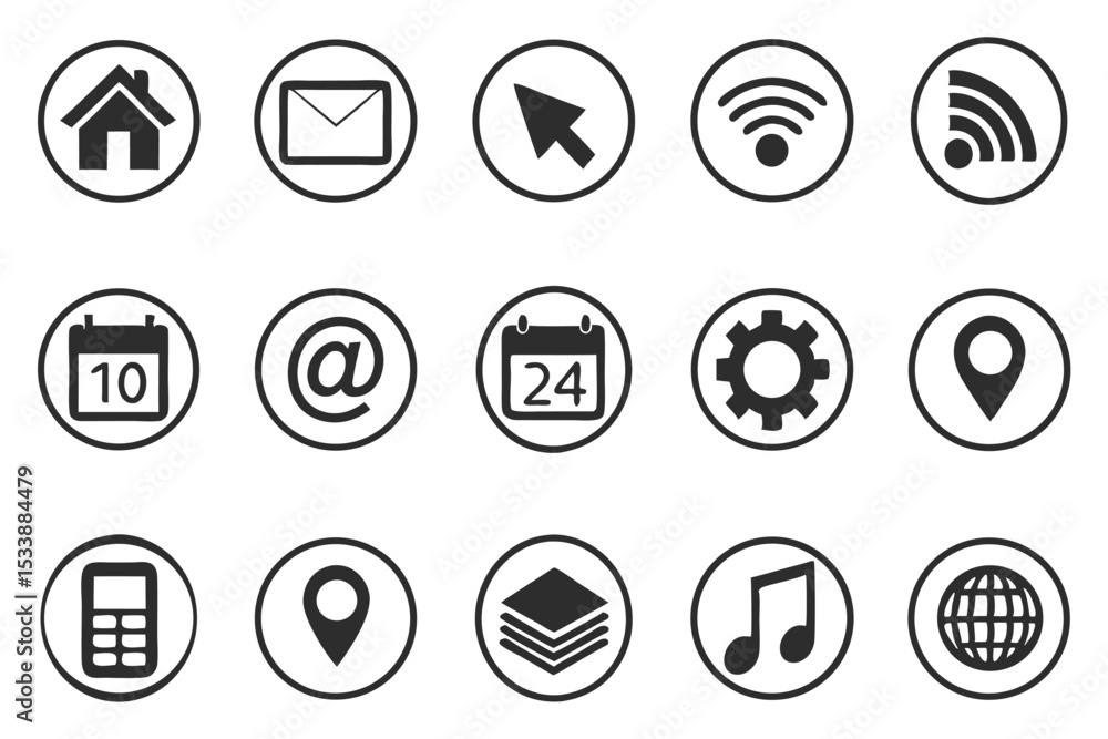 Poster black and white vector icons set representing various communication and information symbols on white