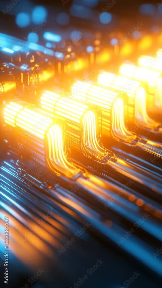 Aufkleber a close-up of glowing orange and blue futuristic circuit components arranged in parallel rows.