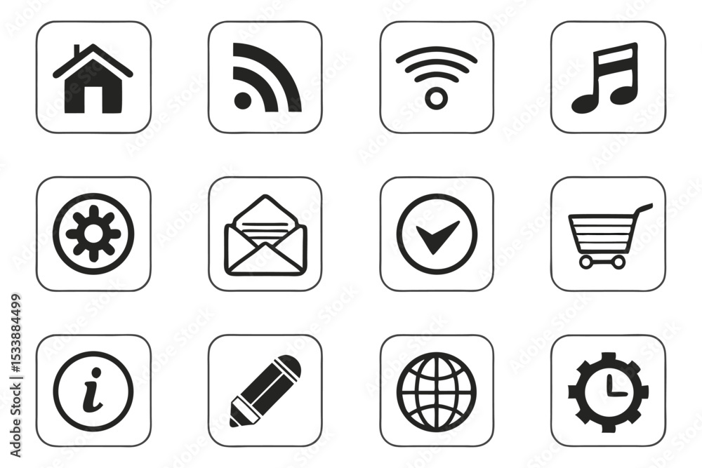Poster collection of black and white square interface icons for web and mobile application design