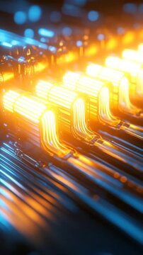 A close-up of glowing orange and blue futuristic circuit components arranged in parallel rows.