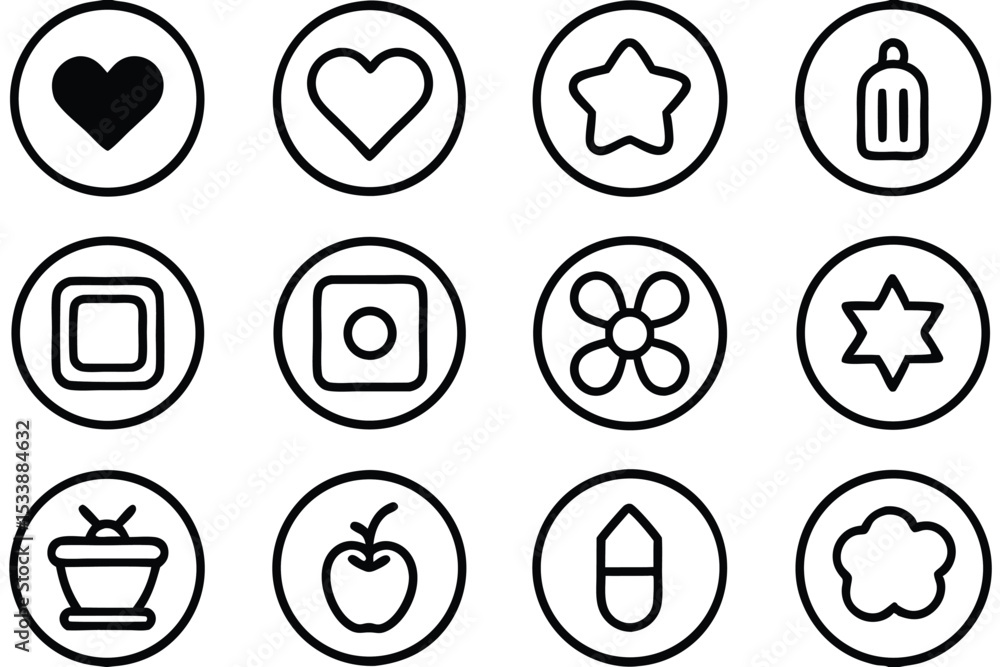 Poster collection of simple black and white icon designs in a circle shape for various uses