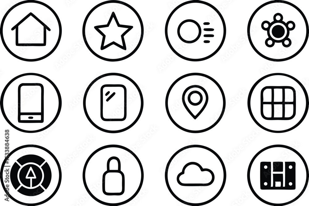 Aufkleber collection of simple black and white circular icons for website and mobile application design