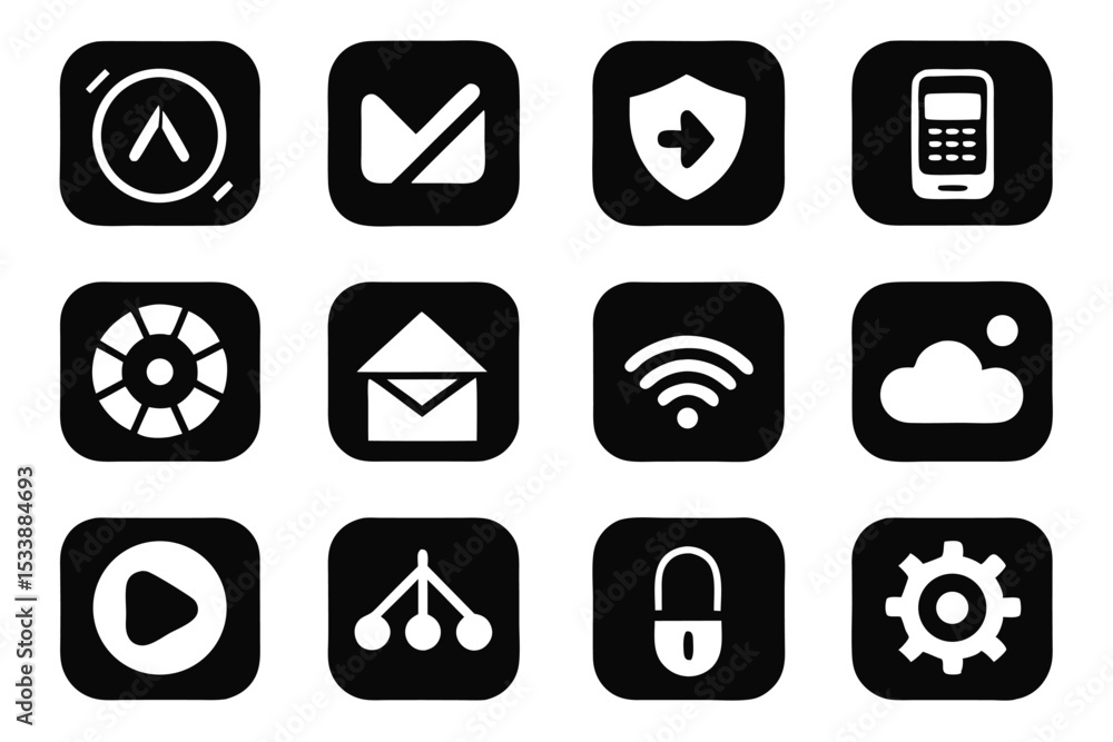 Poster minimalist black and white interface icons representing various communication and utility functions
