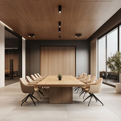 A Room with a mockup poster empty white and with a long table and chairs in office and a large picture frame reality meaning image.
