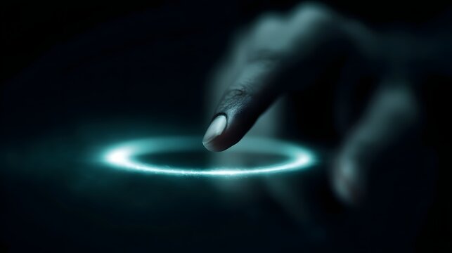 Glowing circular progress hologram spinning mid air with finger hovering above